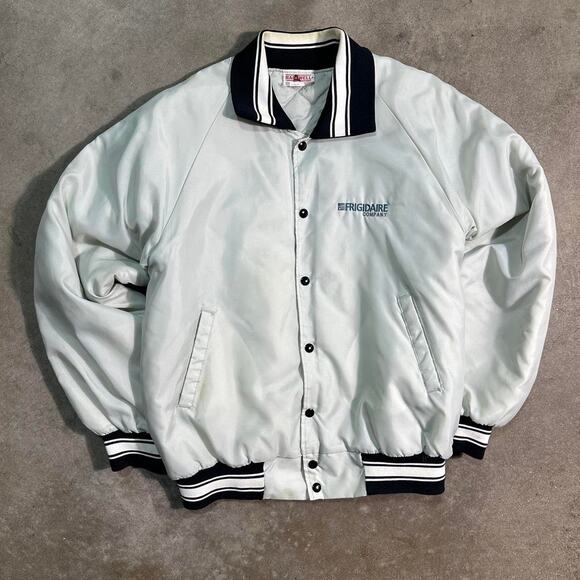 Vintage 90s Satin Varsity Company Jacket White Navy Blue Full Button Up Coat - Picture 1 of 8